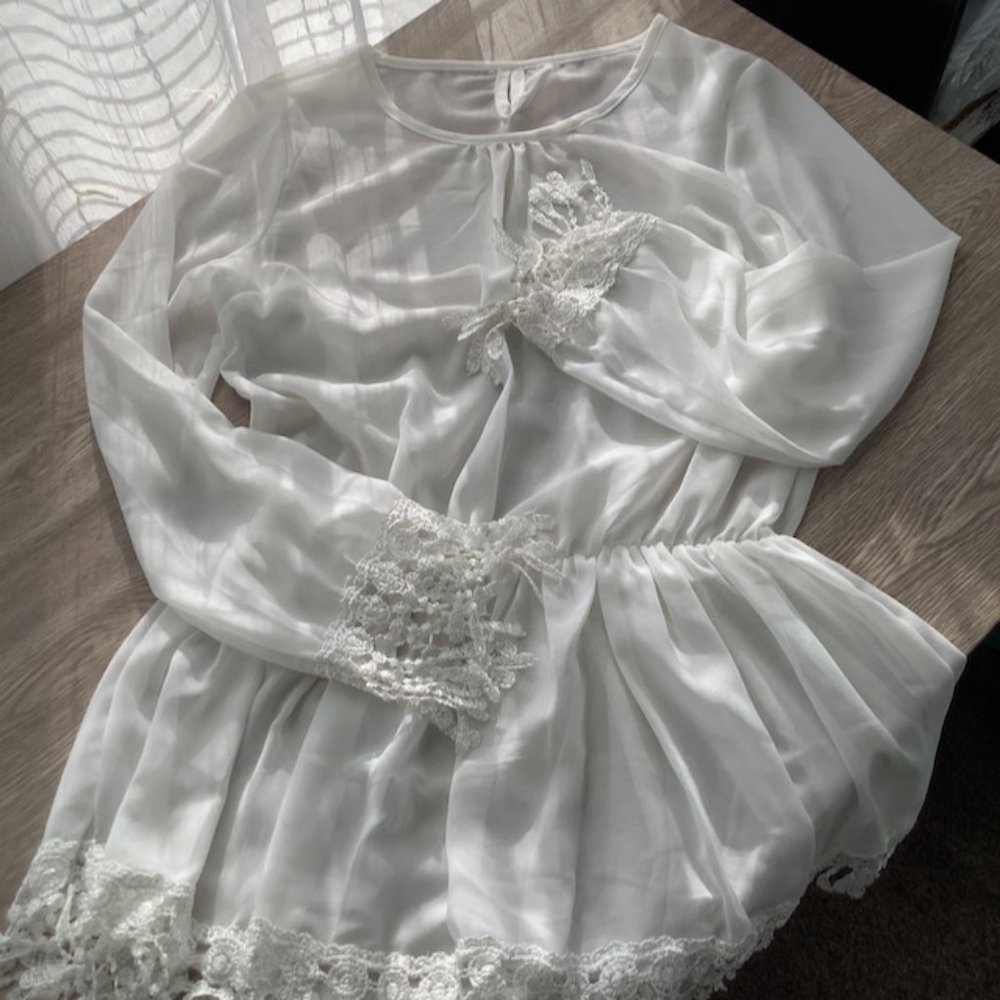 Sheer White Chiffon Blouse Size: Medium with Crocheted Trim